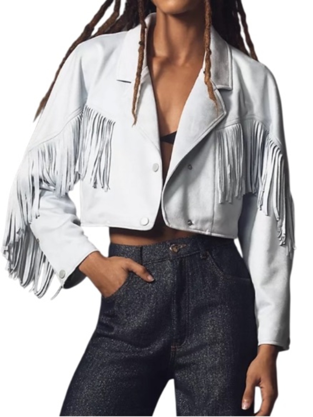 Anthropologie Pilcro Light Blue Faux-Suede Fringe Moto Jacket Cropped Womens S